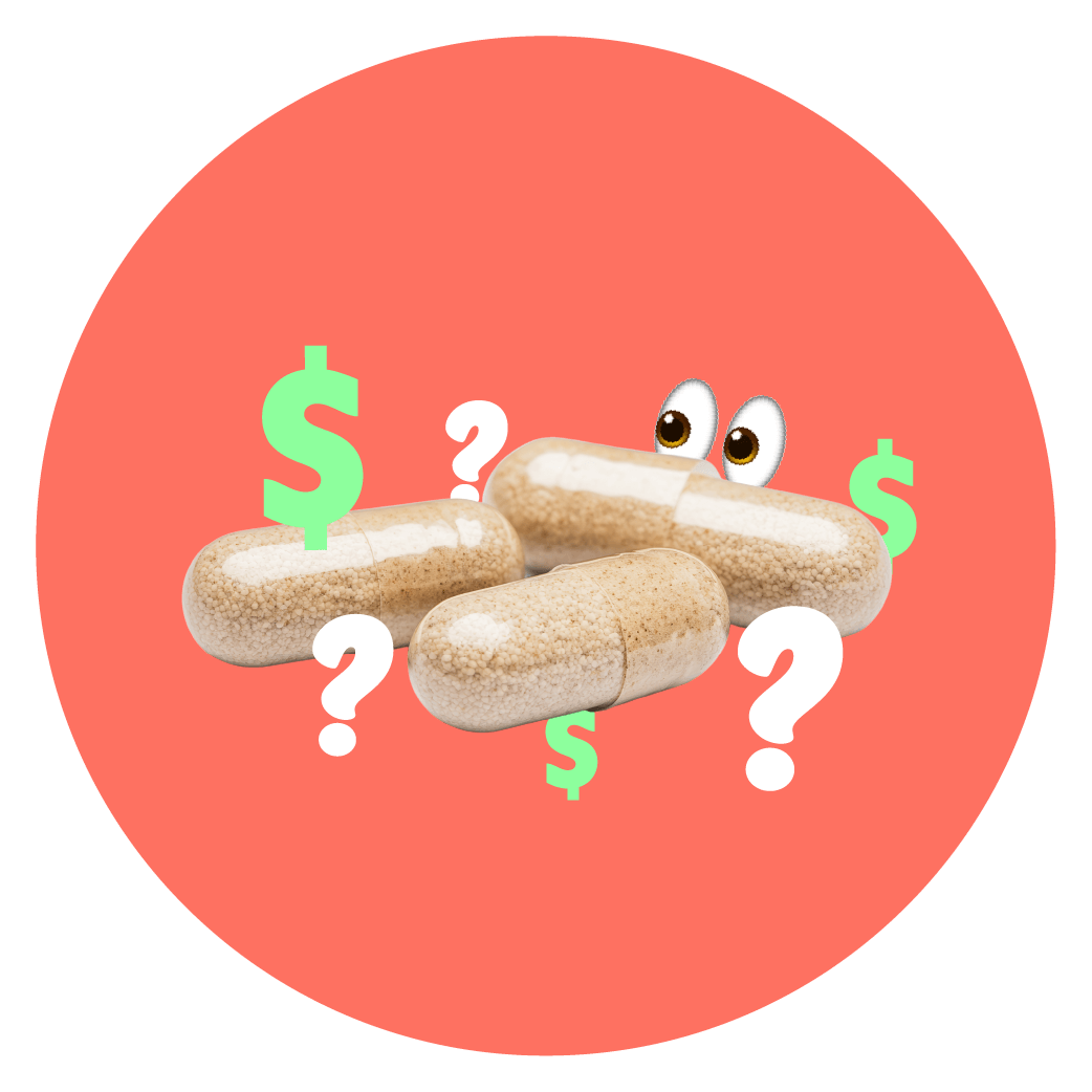 Capsules with eyes, dollar signs, and question marks on a red background.