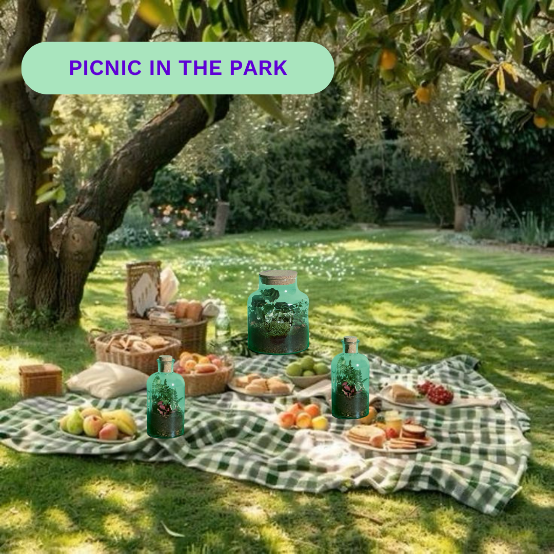 Picnic setup on a green checkered blanket under a tree with food and drinks.