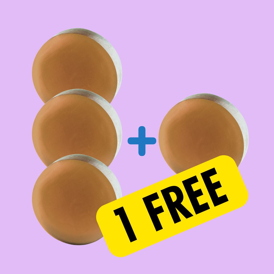 Four brown circular objects with a '1 FREE' label on a purple background.