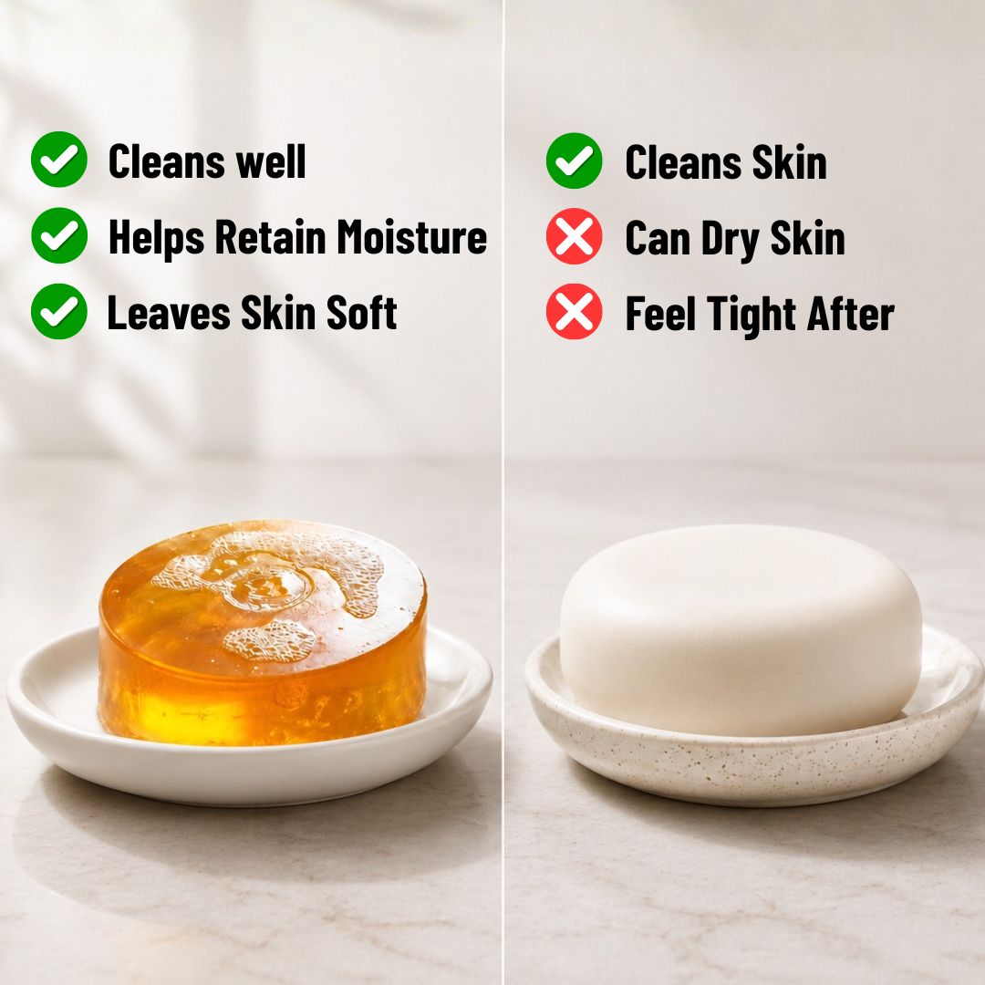 Comparison of glycerin soap and traditional solid soap showing Mirai Clinical soap helps retain moisture while cleansing Nonenal aging odor.