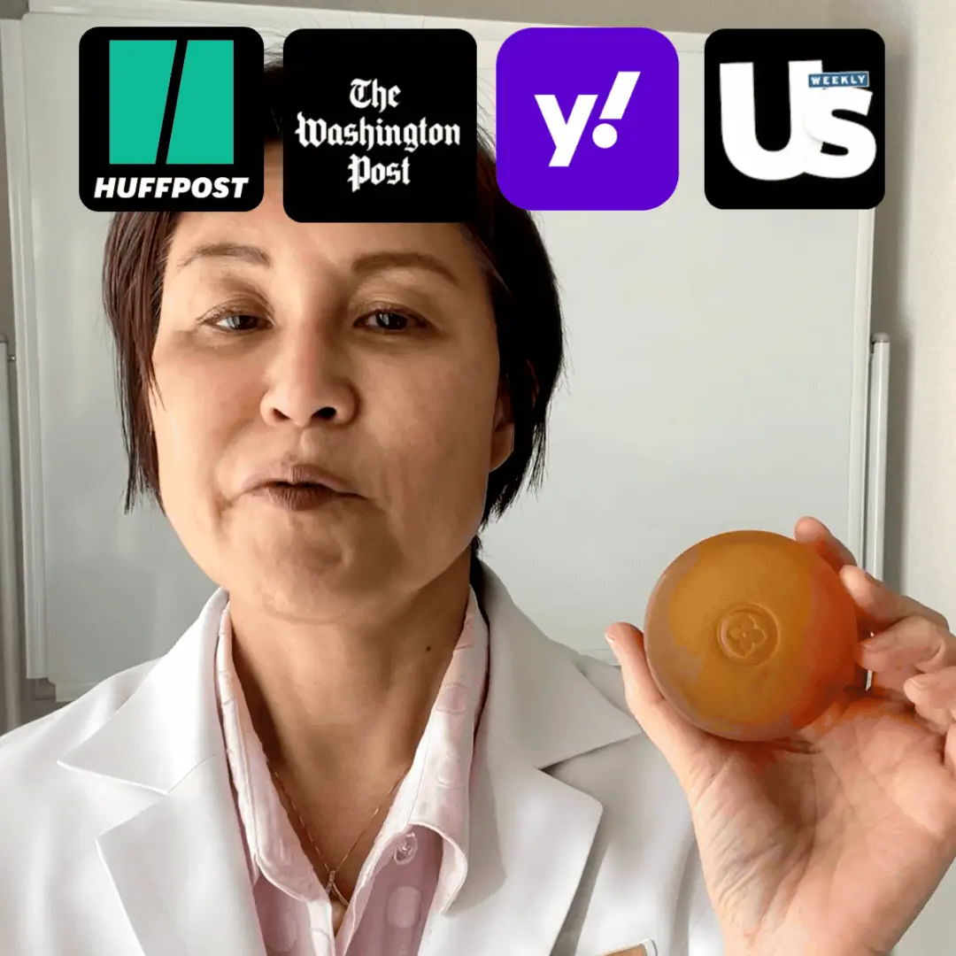 Doctor holding Mirai Clinical persimmon soap with media logos highlighting trusted Japanese solution for Nonenal aging odor.