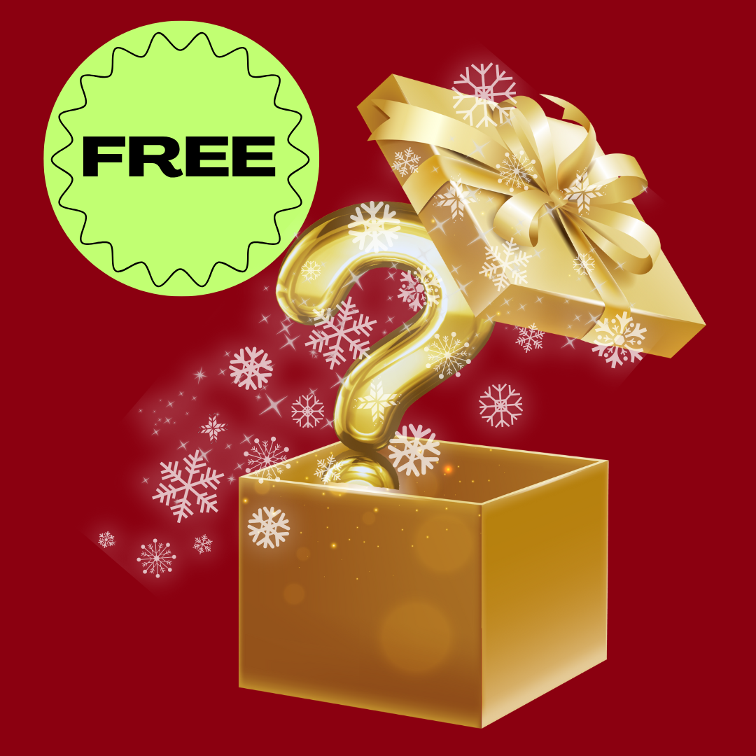 Gold question mark in open box with snowflakes and a 'Free' label.