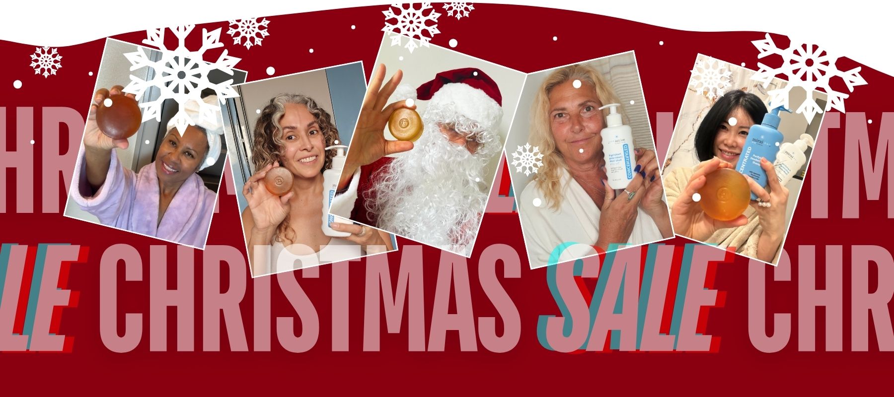 Collage of people holding soap and lotion bottles with Christmas sale background.