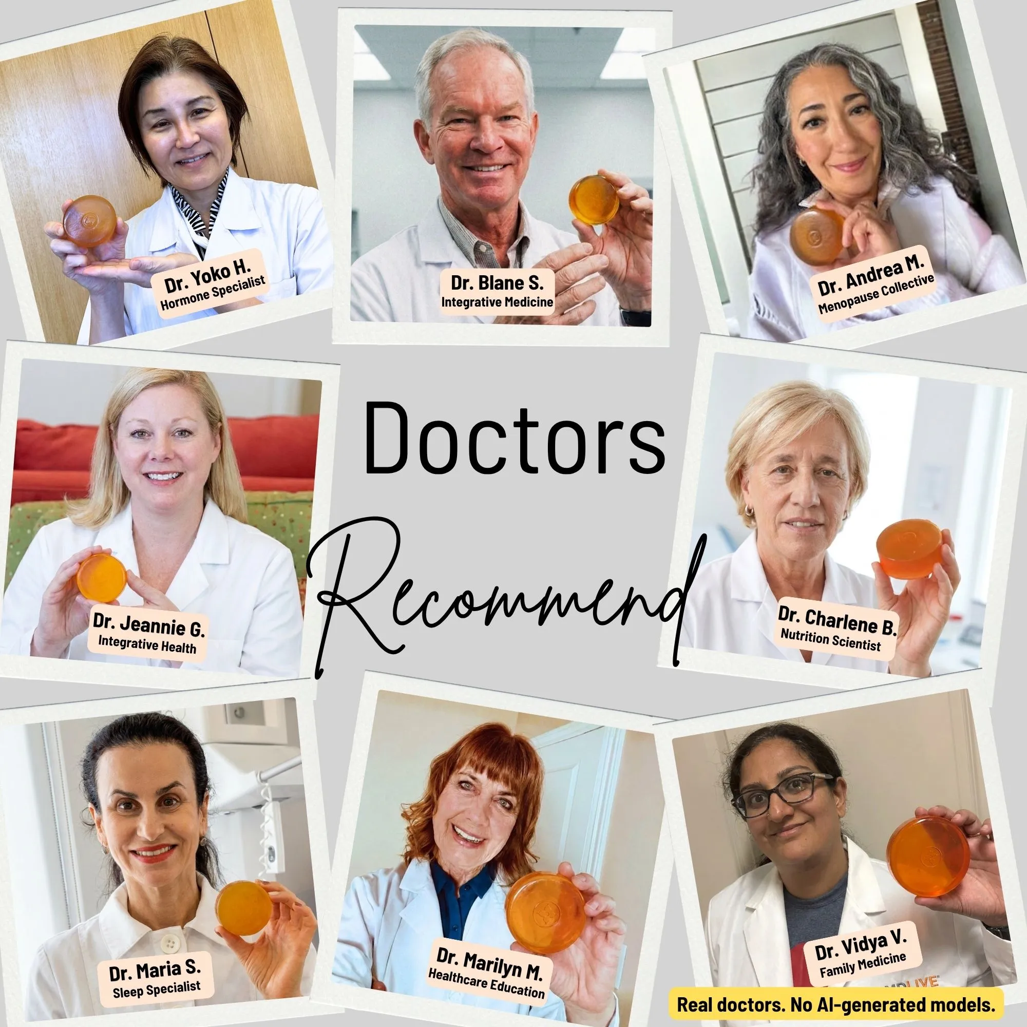 A collage of photos of eight doctors in lab coats, each holding a round, orange bar of soap.