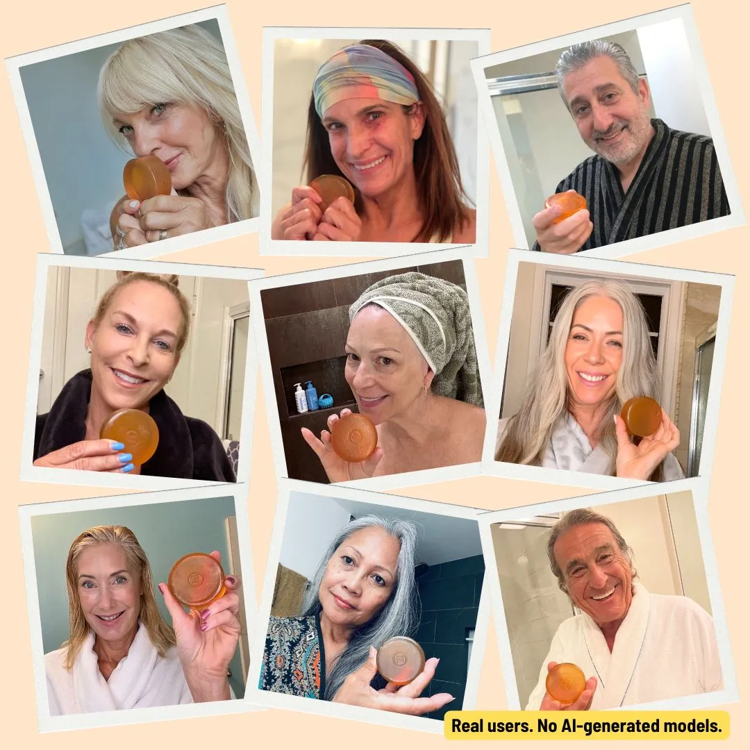 A collage of photos showing nine different people holding a round, amber-colored bar of soap.
