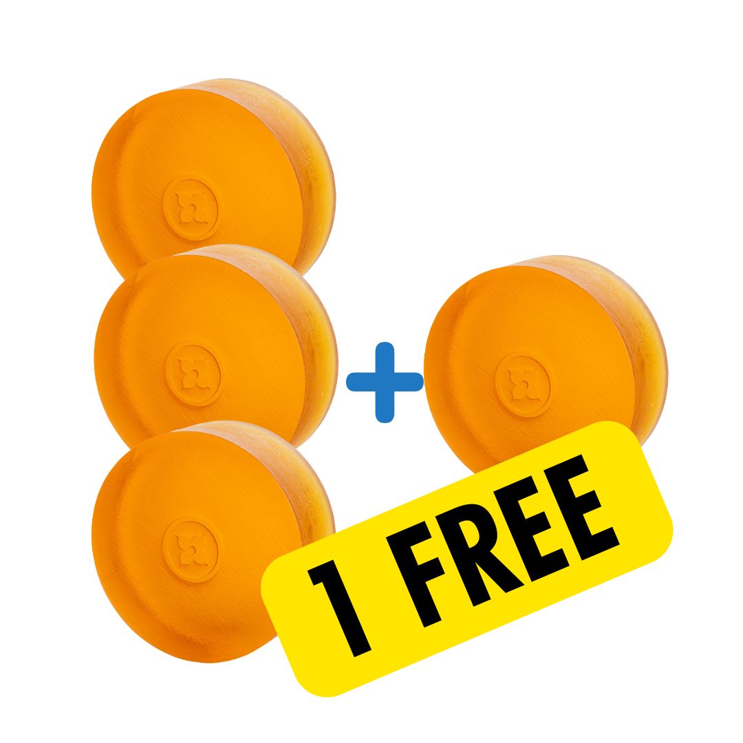 Four orange discs with a plus sign and '1 FREE' label.