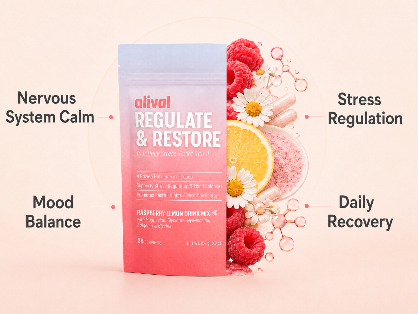 A pouch of Alival Regulate & Restore drink mix surrounded by raspberries, a lemon slice, and flowers.