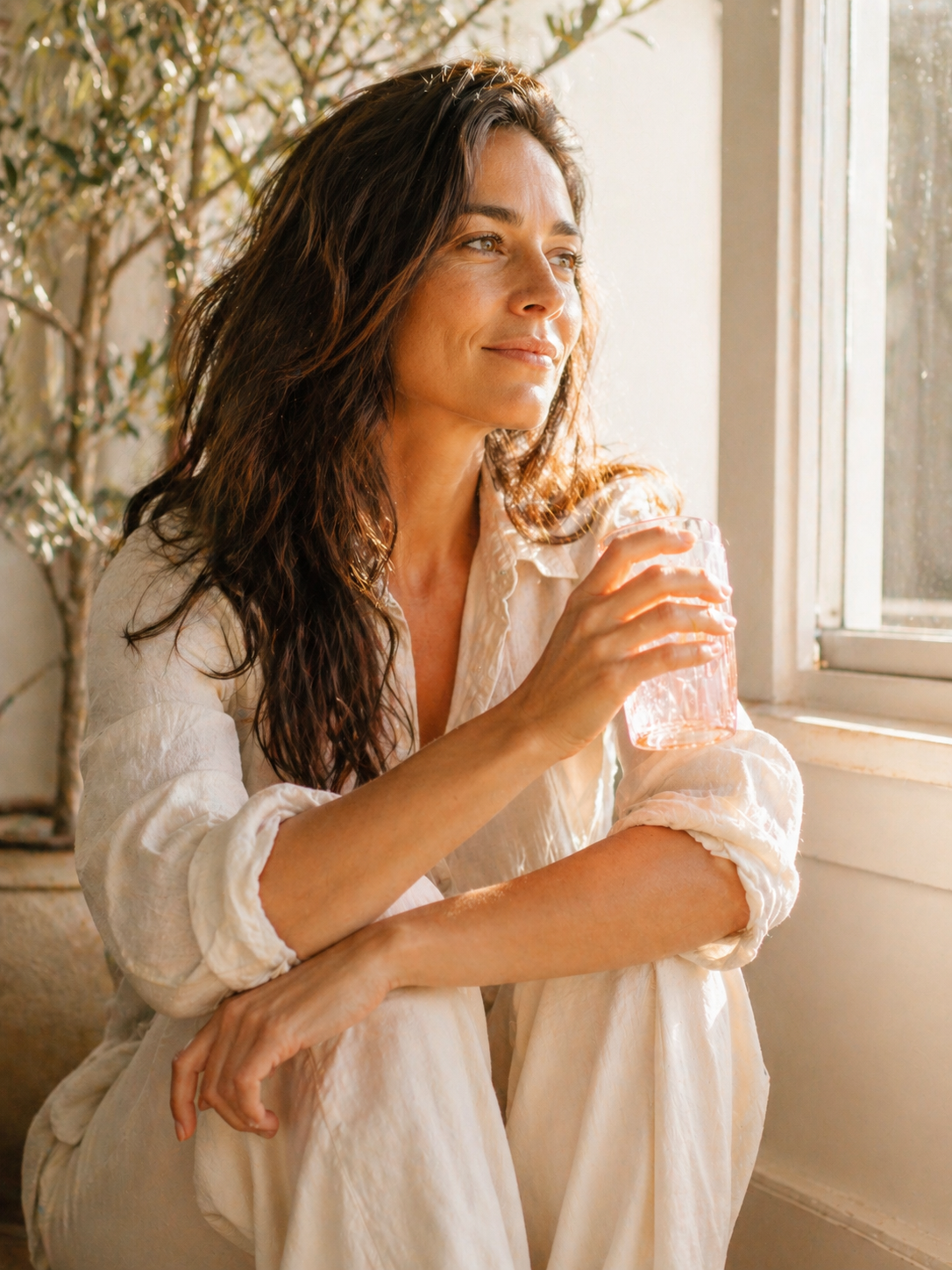 A woman in white sits in the sun by a window, holding a glass and looking away.