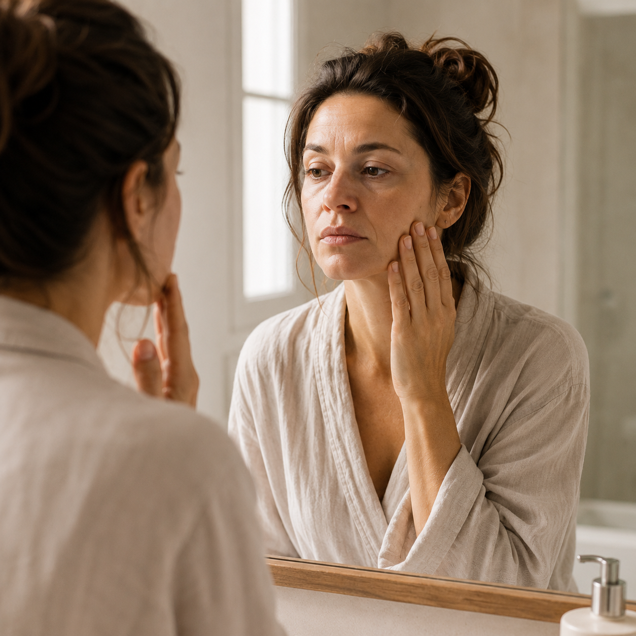 A woman in a light-colored robe looks at her reflection in a mirror, touching her face.