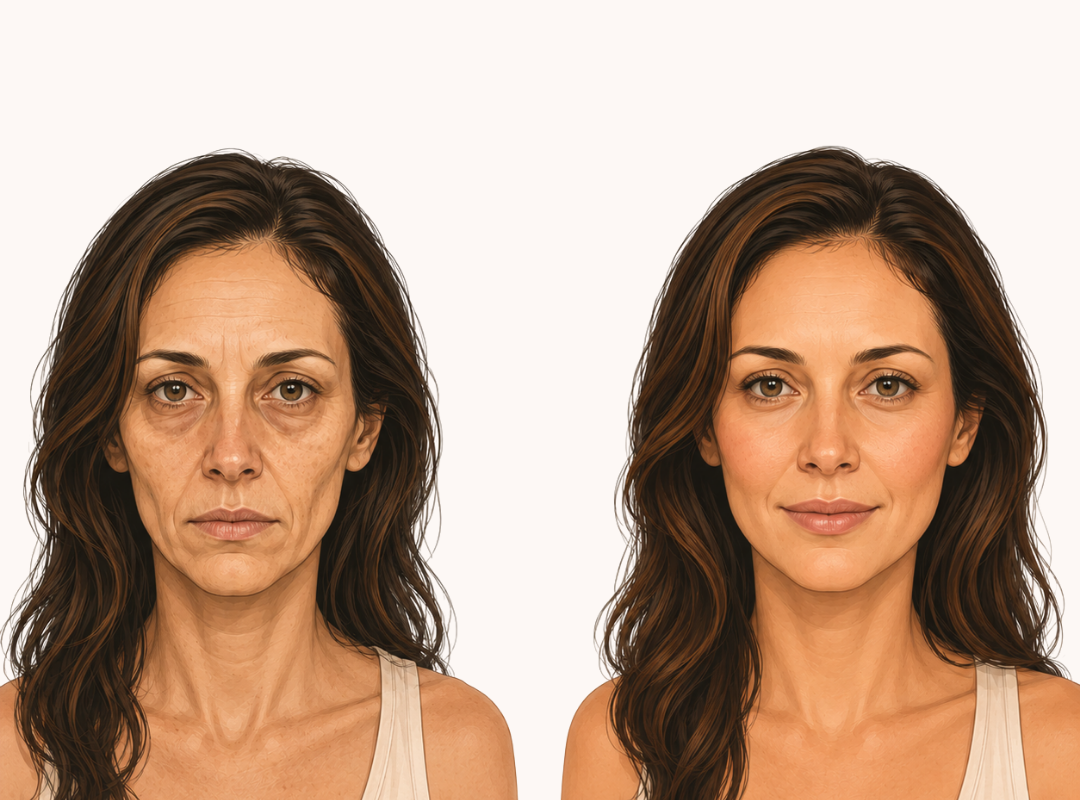 A side-by-side illustration showing a woman's face looking aged on the left and more youthful on the right.