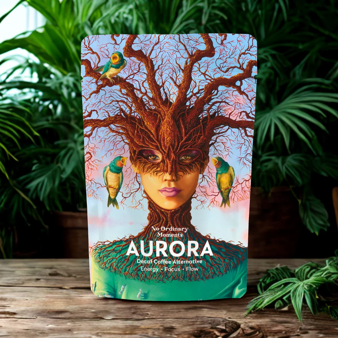 Colorful coffee package with tree-like face and birds, surrounded by green plants.