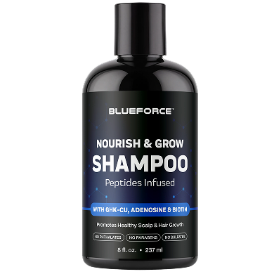 A black bottle of Blueforce Nourish & Grow Shampoo against a white background.