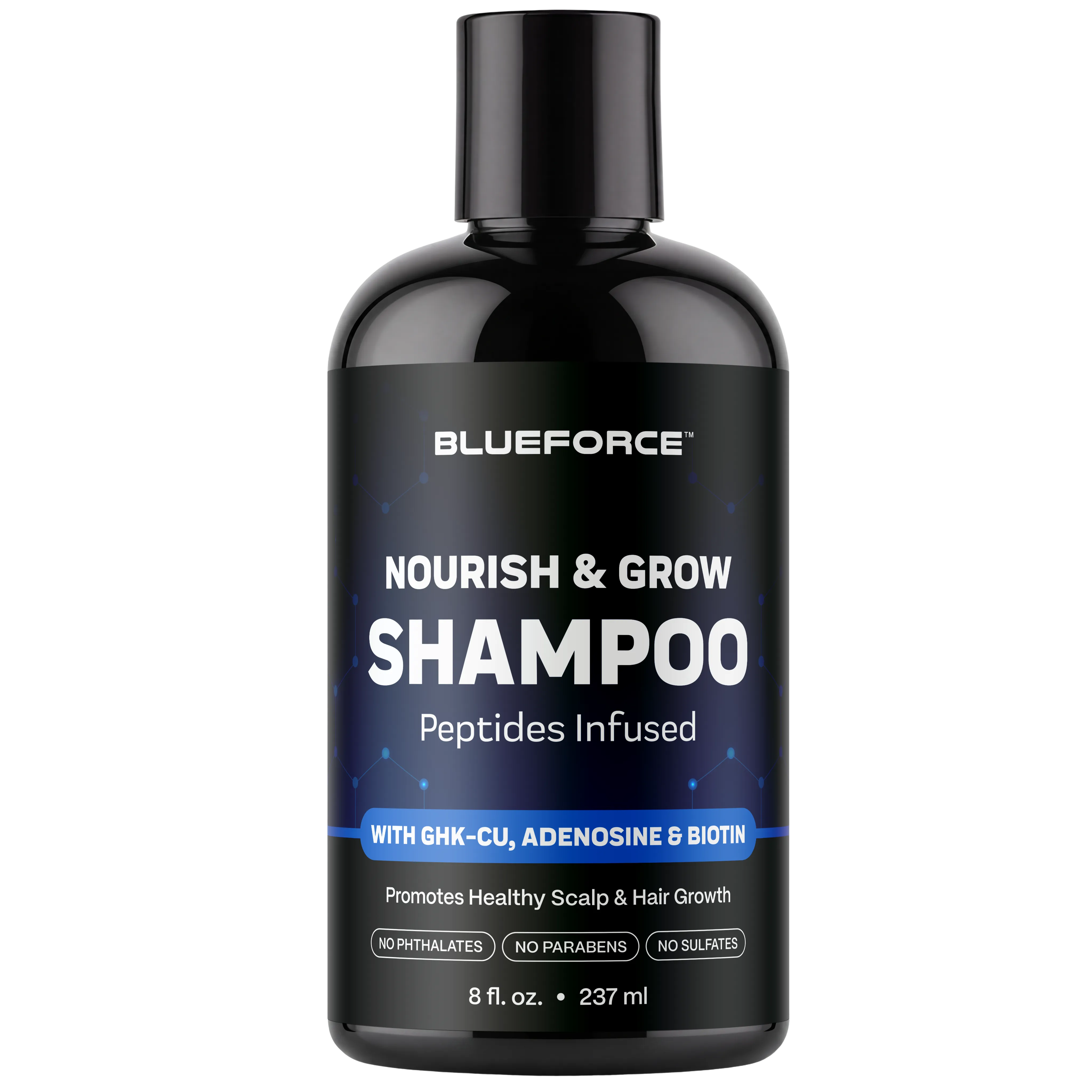A bottle of Blueforce Nourish & Grow Shampoo, infused with peptides, set against a white background.
