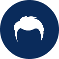 A white silhouette of a haircut inside a dark blue circle.