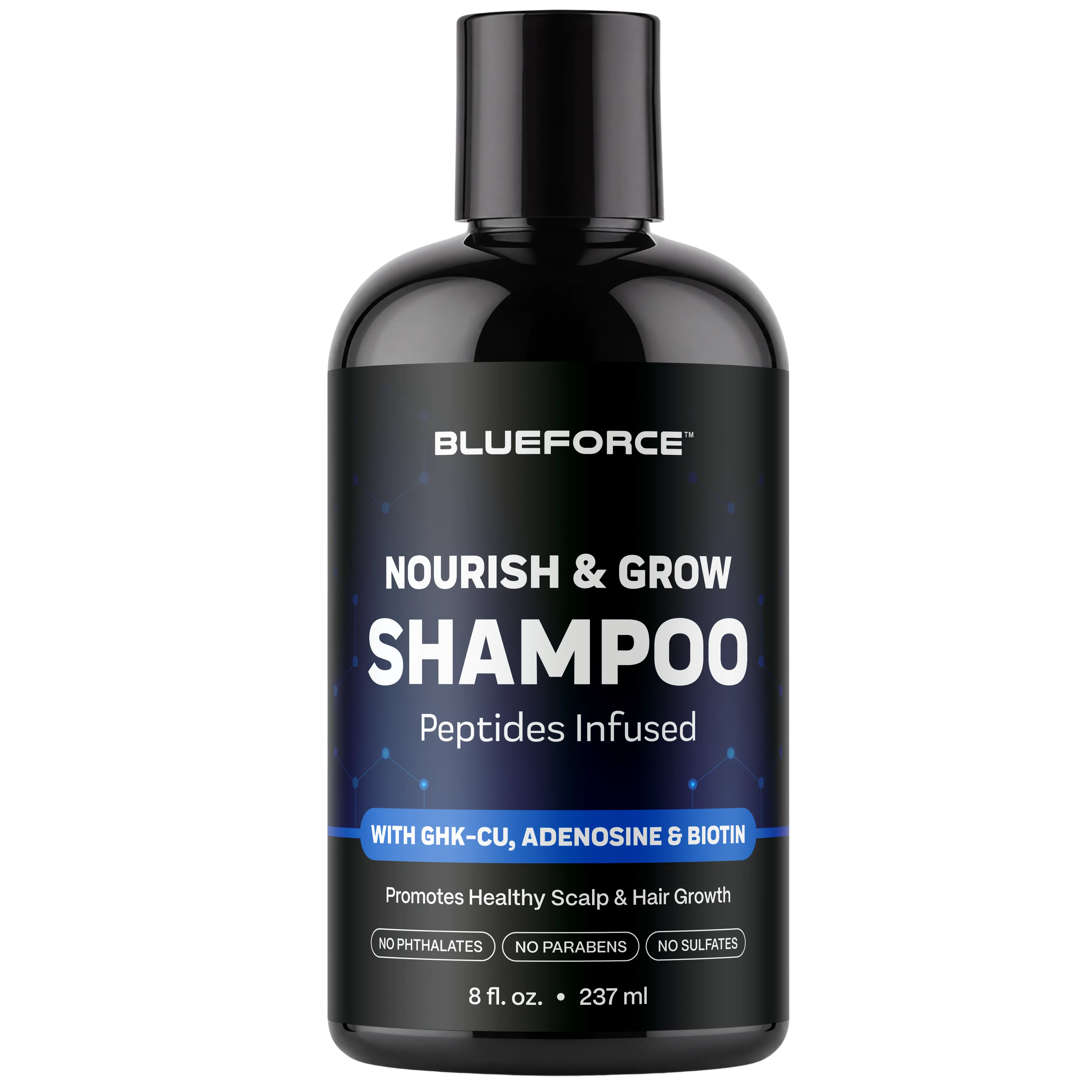 A black bottle of Blueforce Nourish & Grow Shampoo against a white background.