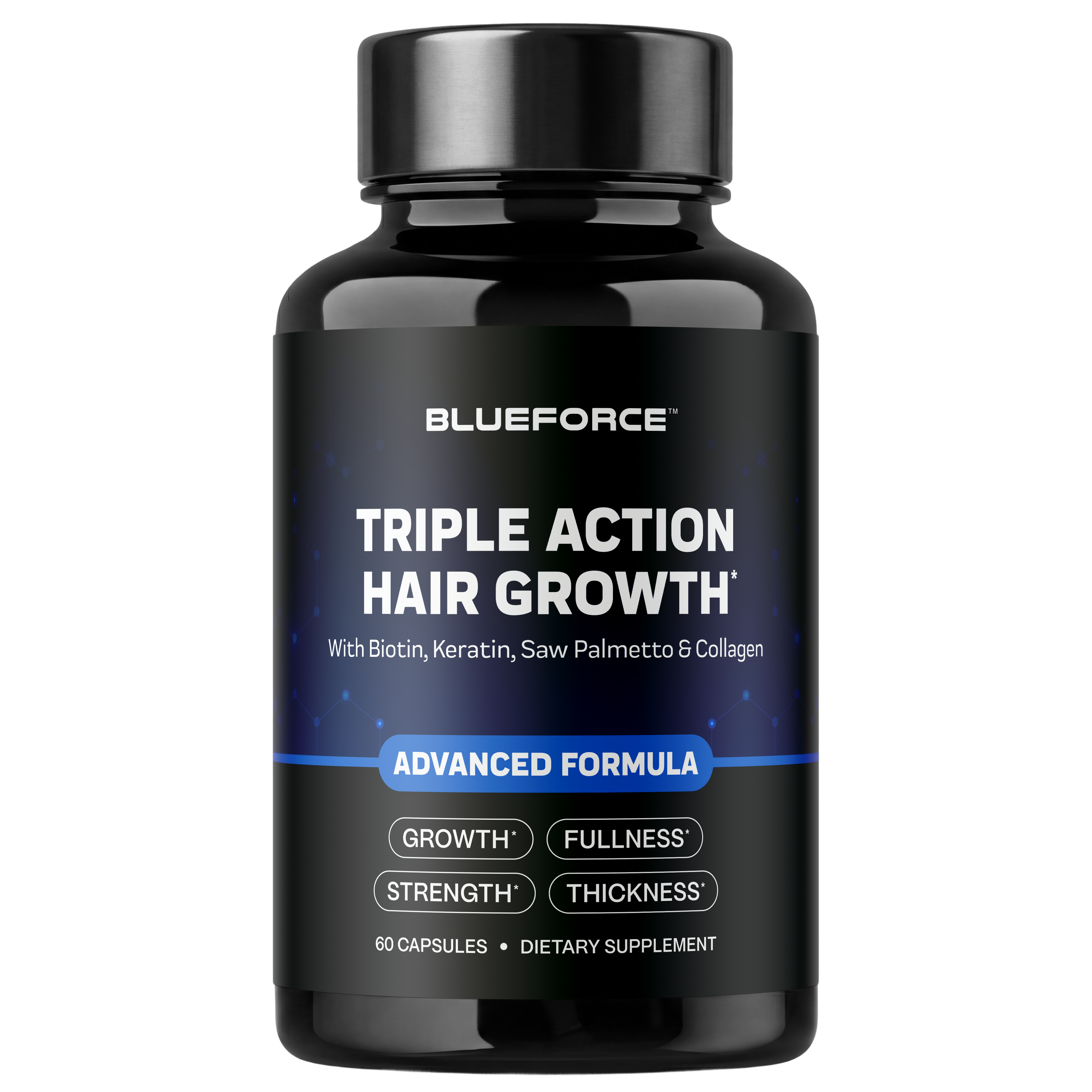 A black bottle of Blueforce Triple Action Hair Growth dietary supplement against a white background.