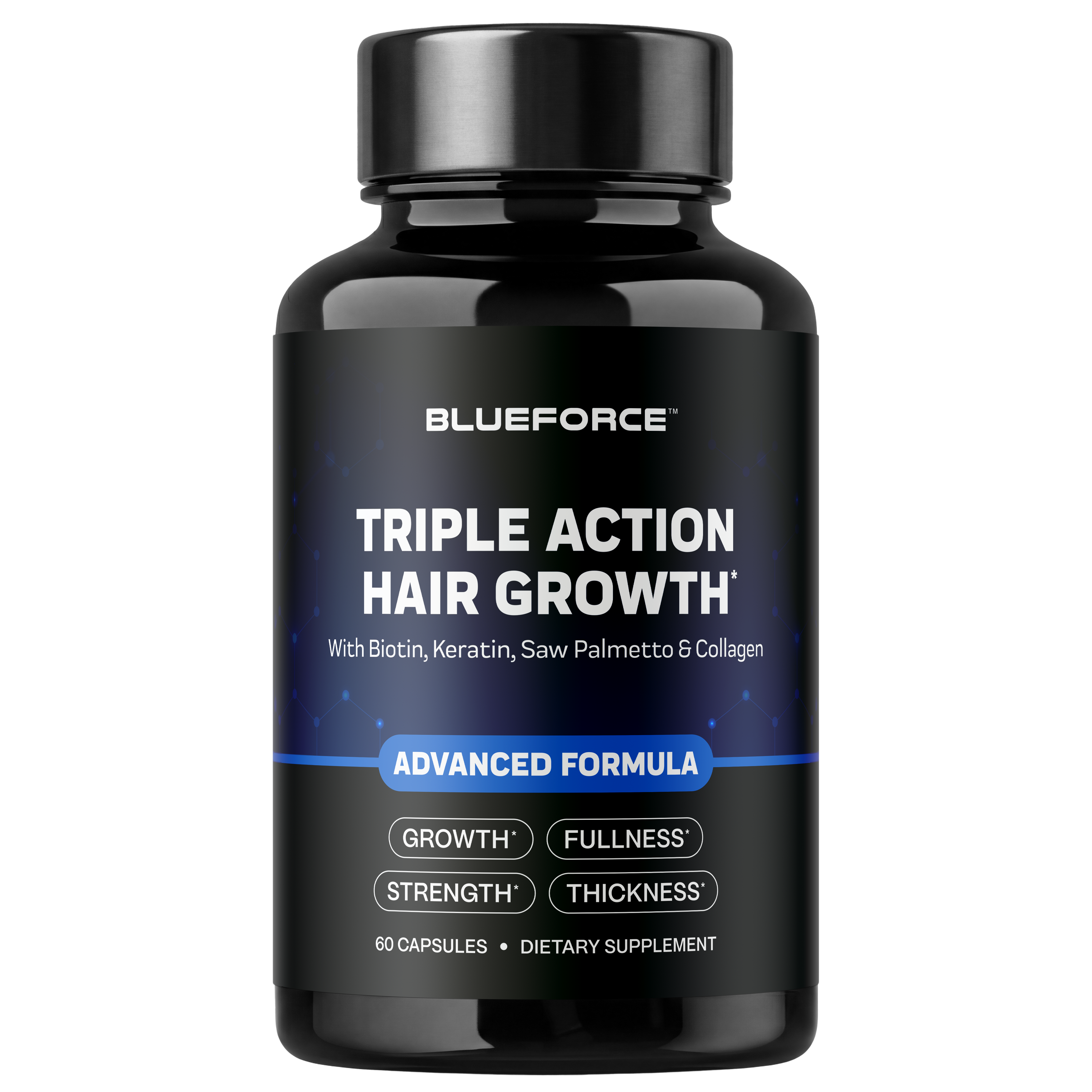 A black bottle of Blueforce Triple Action Hair Growth dietary supplement, containing 60 capsules.