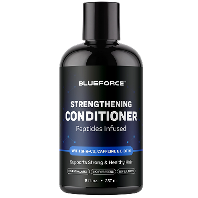 A black bottle of Blueforce Strengthening Conditioner against a plain white background.