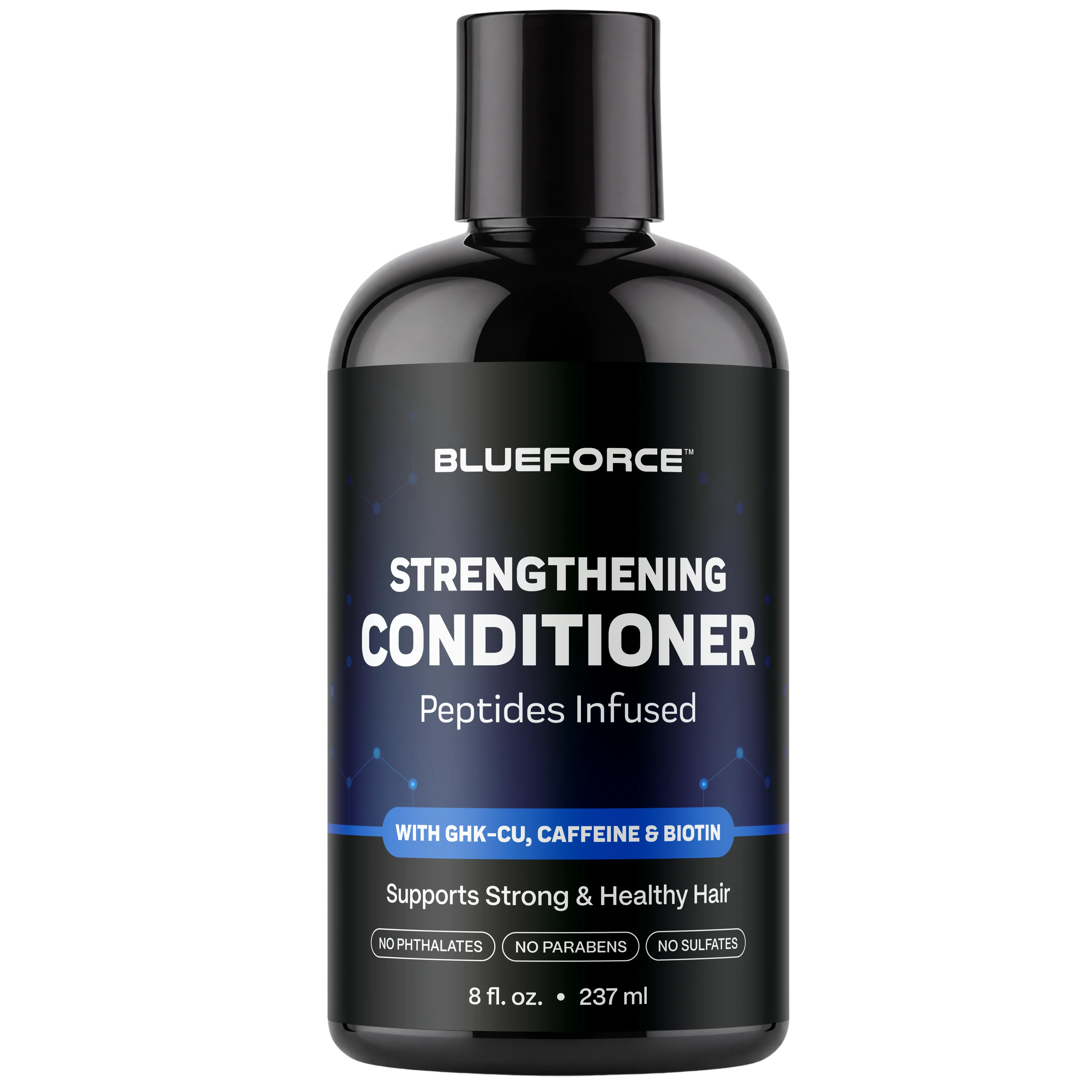 A black bottle of Blueforce Strengthening Conditioner against a plain white background.