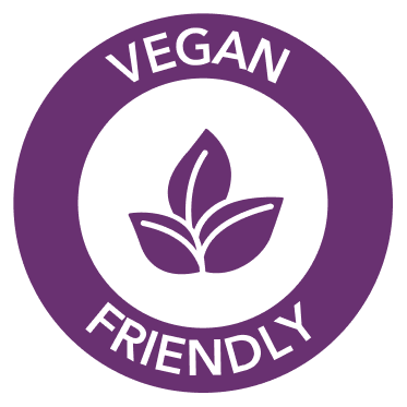 A purple and white circular icon that says 'Vegan Friendly' with a leaf symbol in the center.