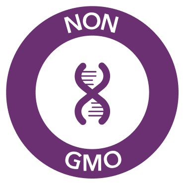 A purple circular 'NON GMO' icon with a DNA double helix in the center.
