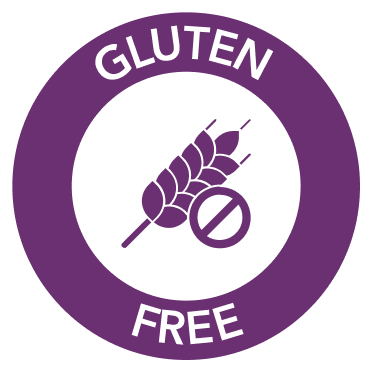 A purple and white 'Gluten Free' icon with a symbol of a crossed-out stalk of wheat.