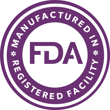 A purple circular seal that reads 'FDA' and 'Manufactured in a Registered Facility'.