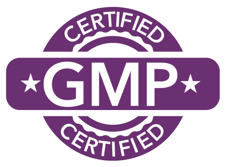 A purple and white seal that reads 'Certified GMP Certified'.