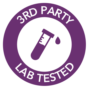 A purple circular badge reading '3rd Party Lab Tested' with a test tube icon in the center.