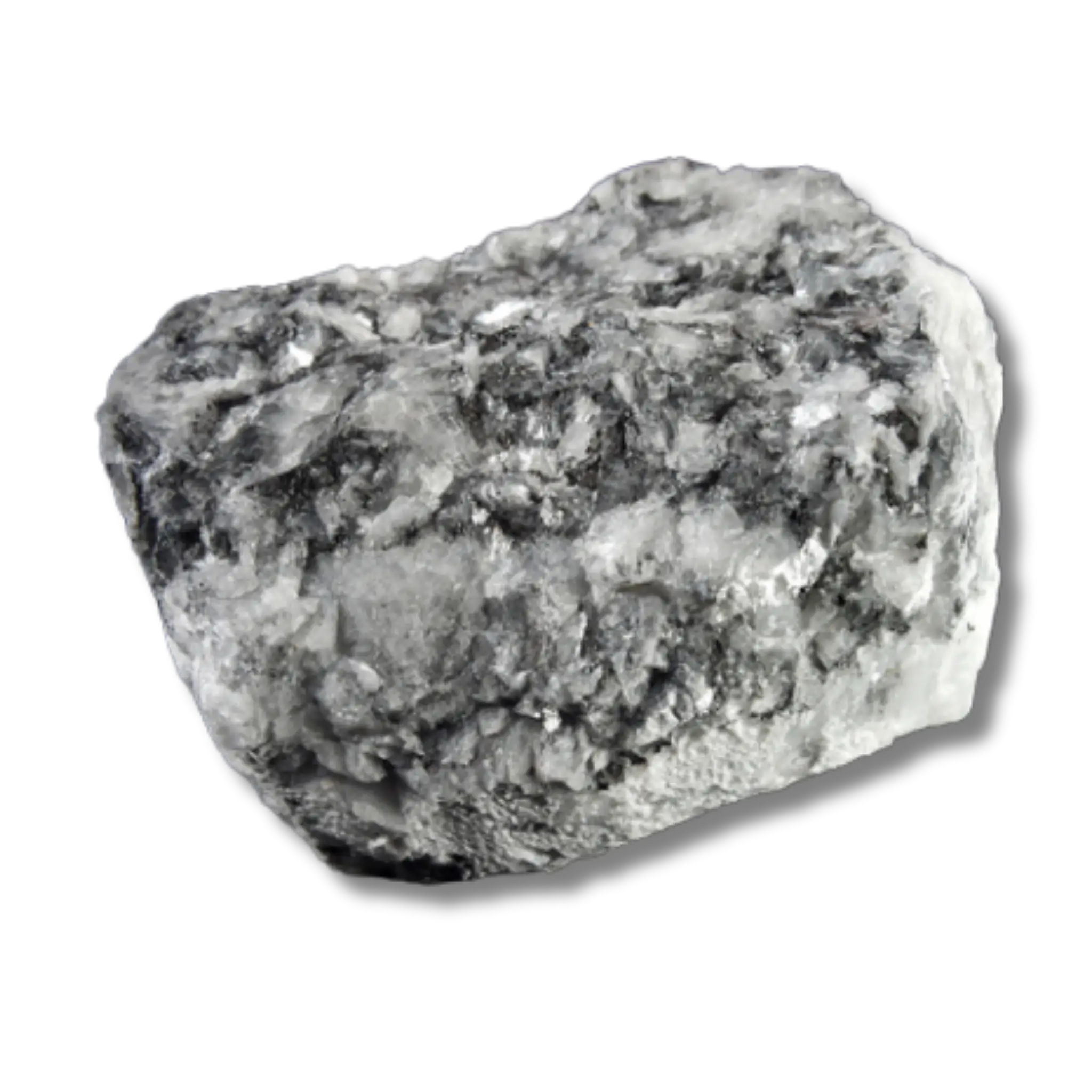 Gray, textured rock with crystalline structures on a white background.