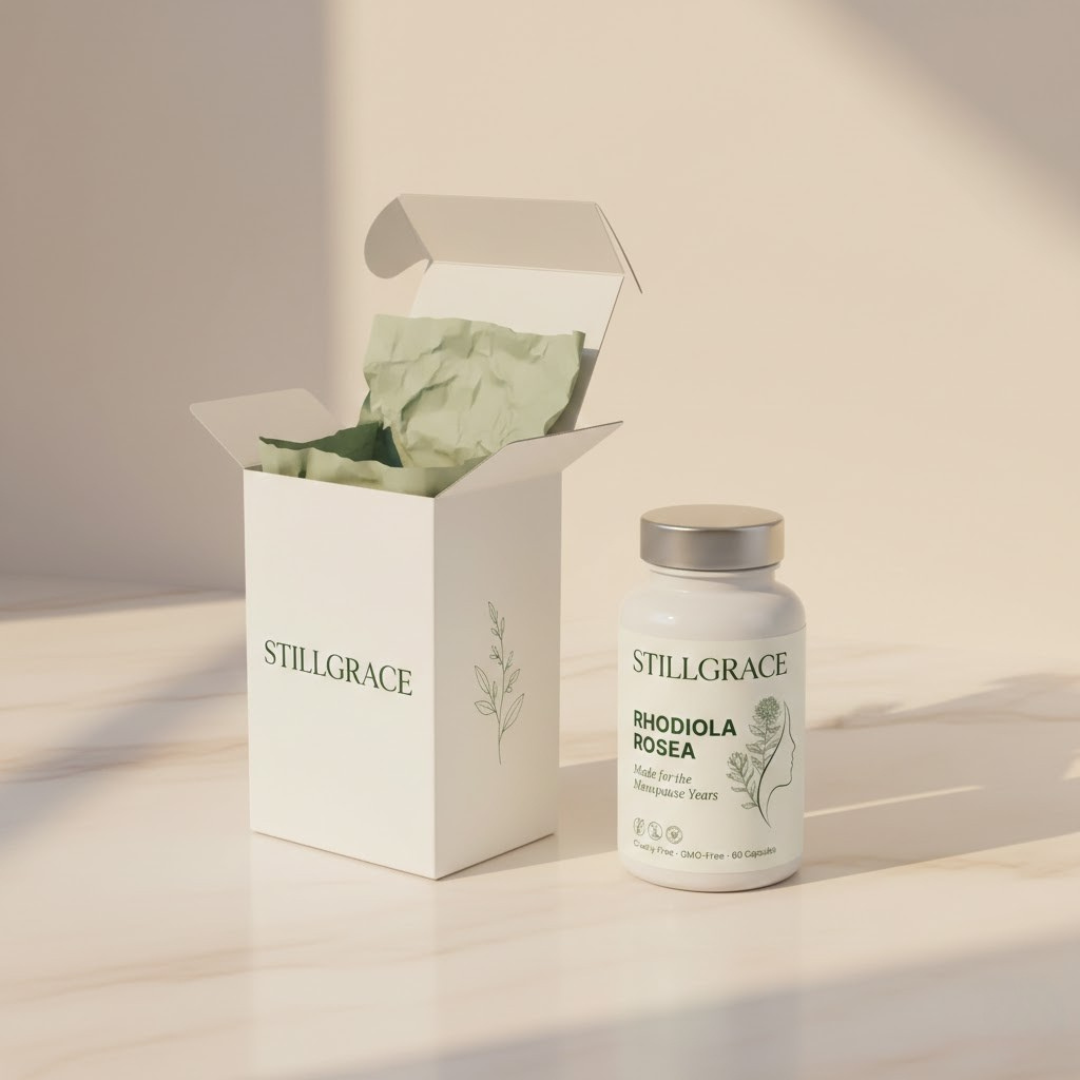 A bottle of Stillgrace Rhodiola Rosea supplements next to its box, a book, and a small gift.