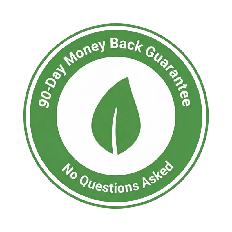 A green circular badge with a leaf icon that reads '90-Day Money Back Guarantee, No Questions Asked'.