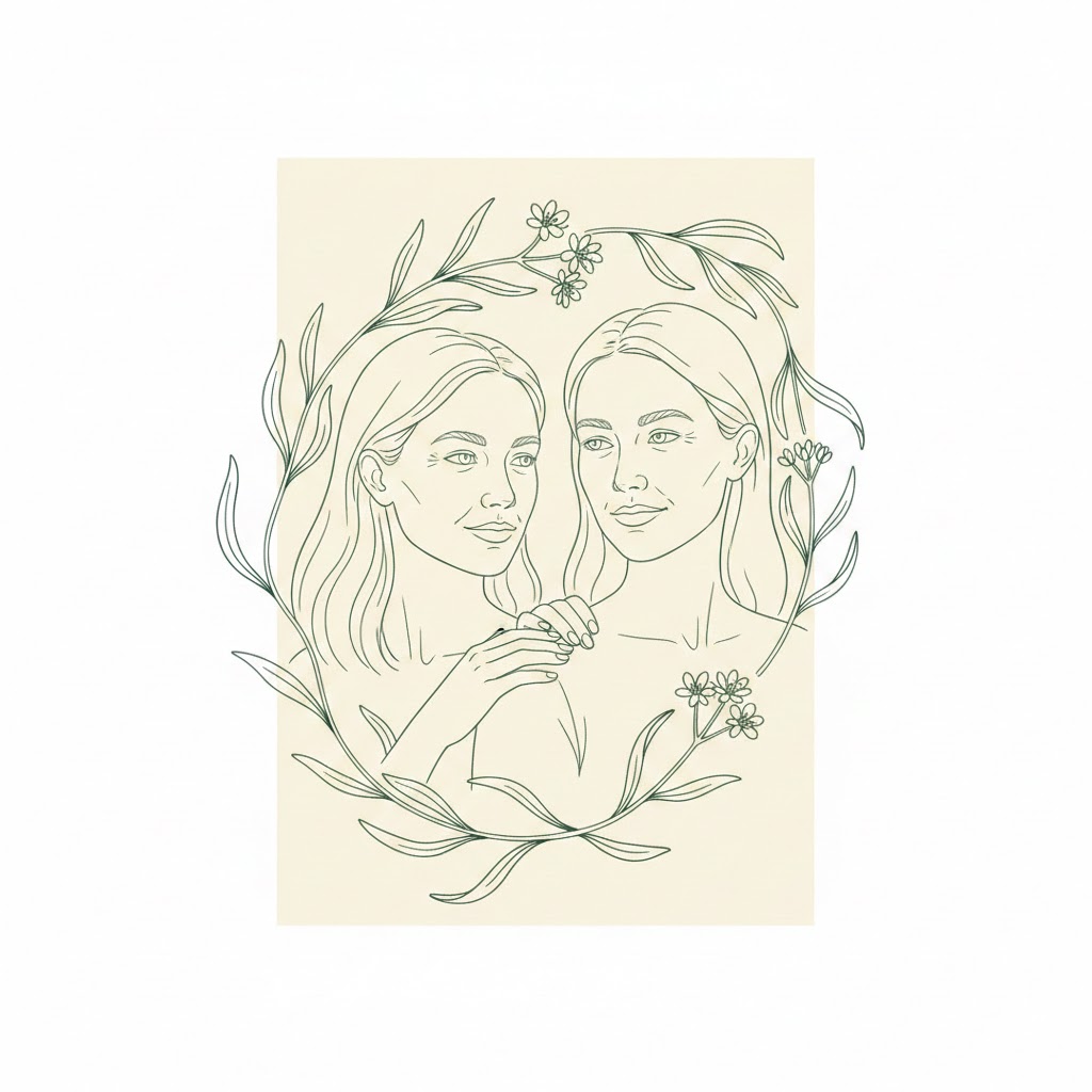 A green line drawing of two women close together, framed by a wreath of leaves and flowers.
