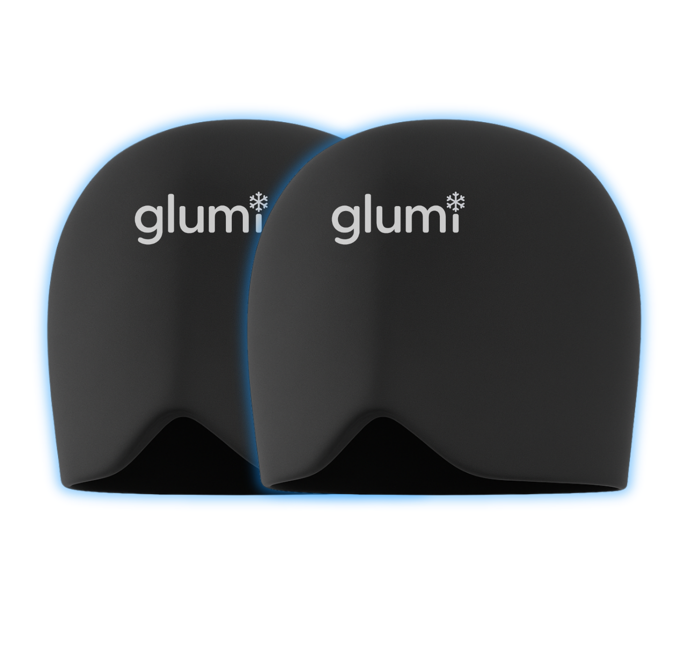 Two black silicone caps with 'glumi' logo on a white background.