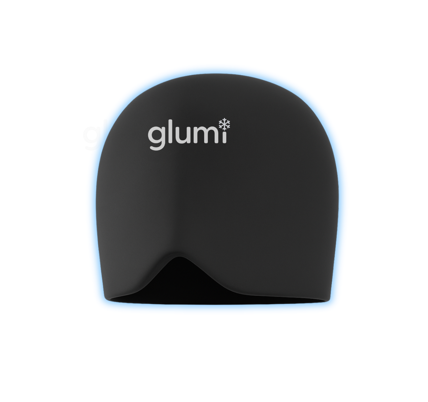 Black object with 'glumi' text and blue outline.