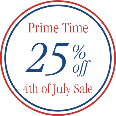 A circular red, white, and blue graphic advertising 'Prime Time 25% off 4th of July Sale'.