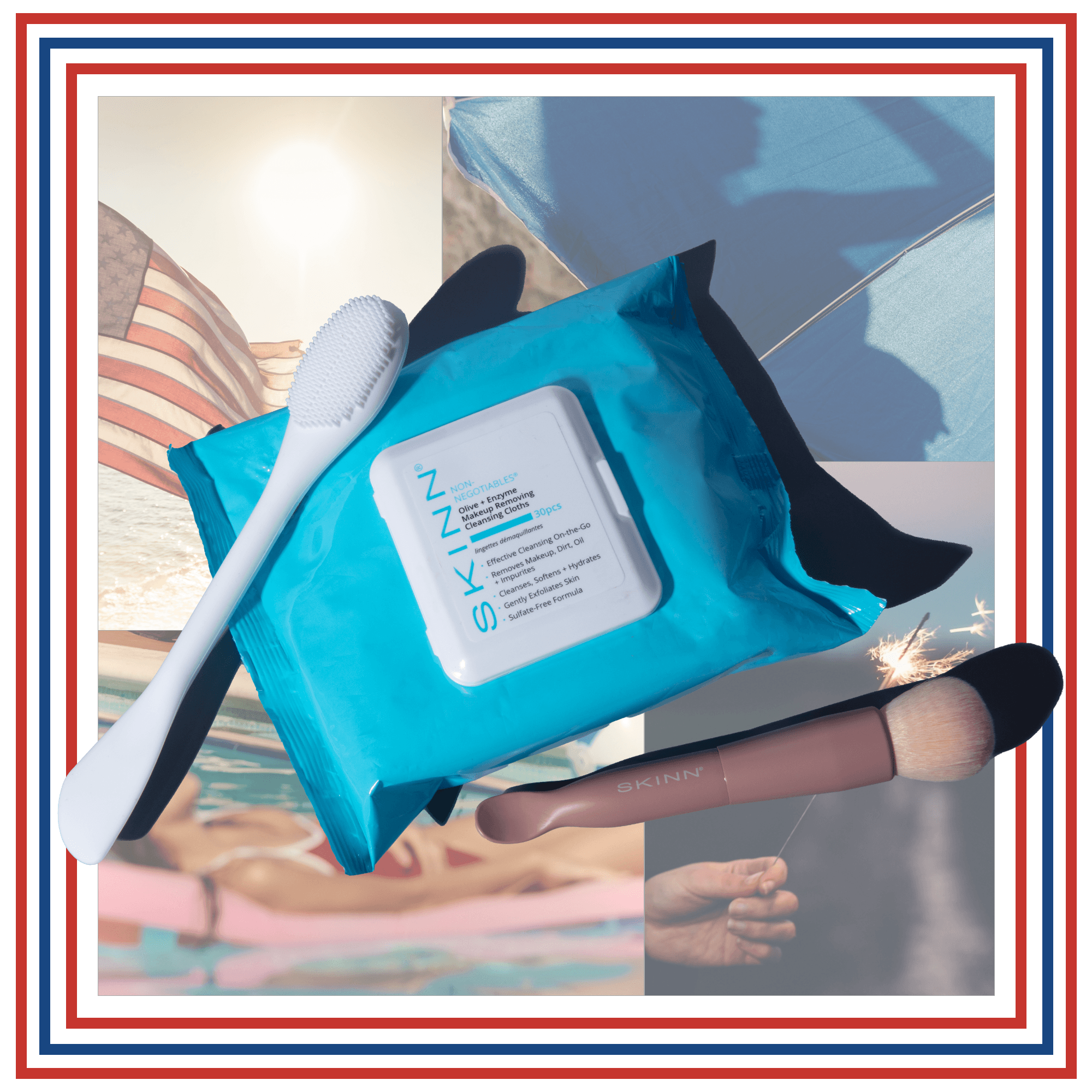Skinn cleansing cloths and beauty tools in a patriotic, summer-themed photo collage with a red, white, and blue border.