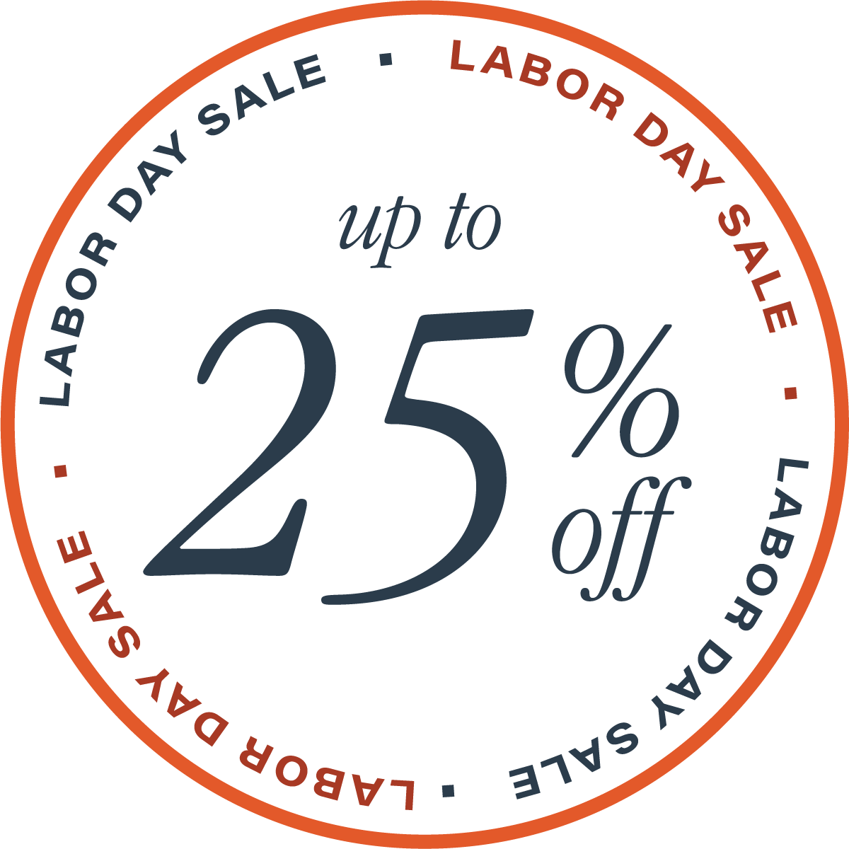 A circular graphic advertising a Labor Day Sale with up to 25% off.