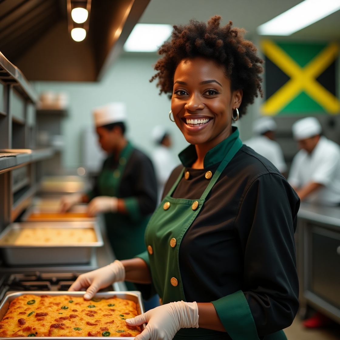 Smiling chef holding a tray of baked dish in a kitchen with Jamaican flag.