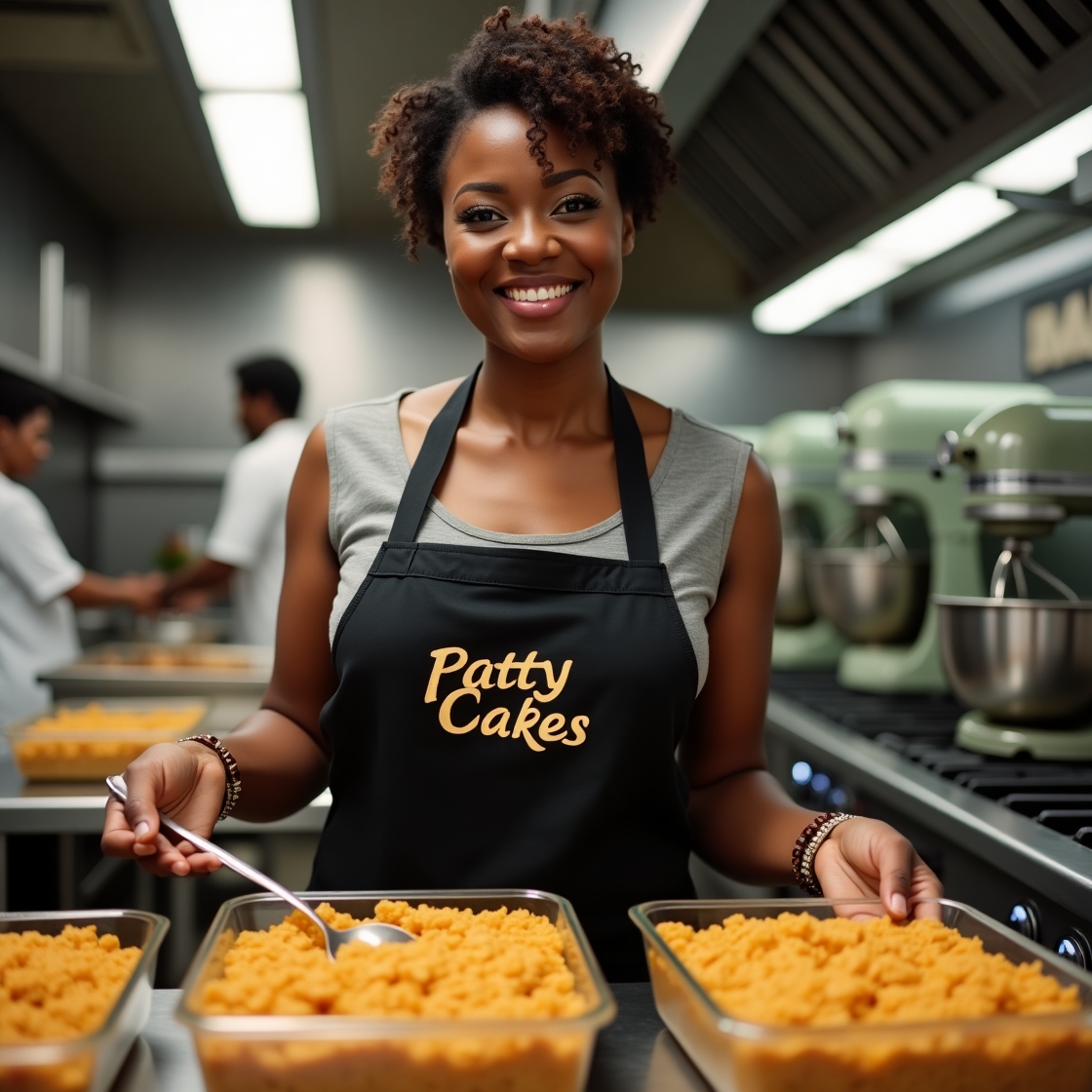 Smiling person in a kitchen wearing 'Patty Cakes' apron, holding a spoon over trays of food.