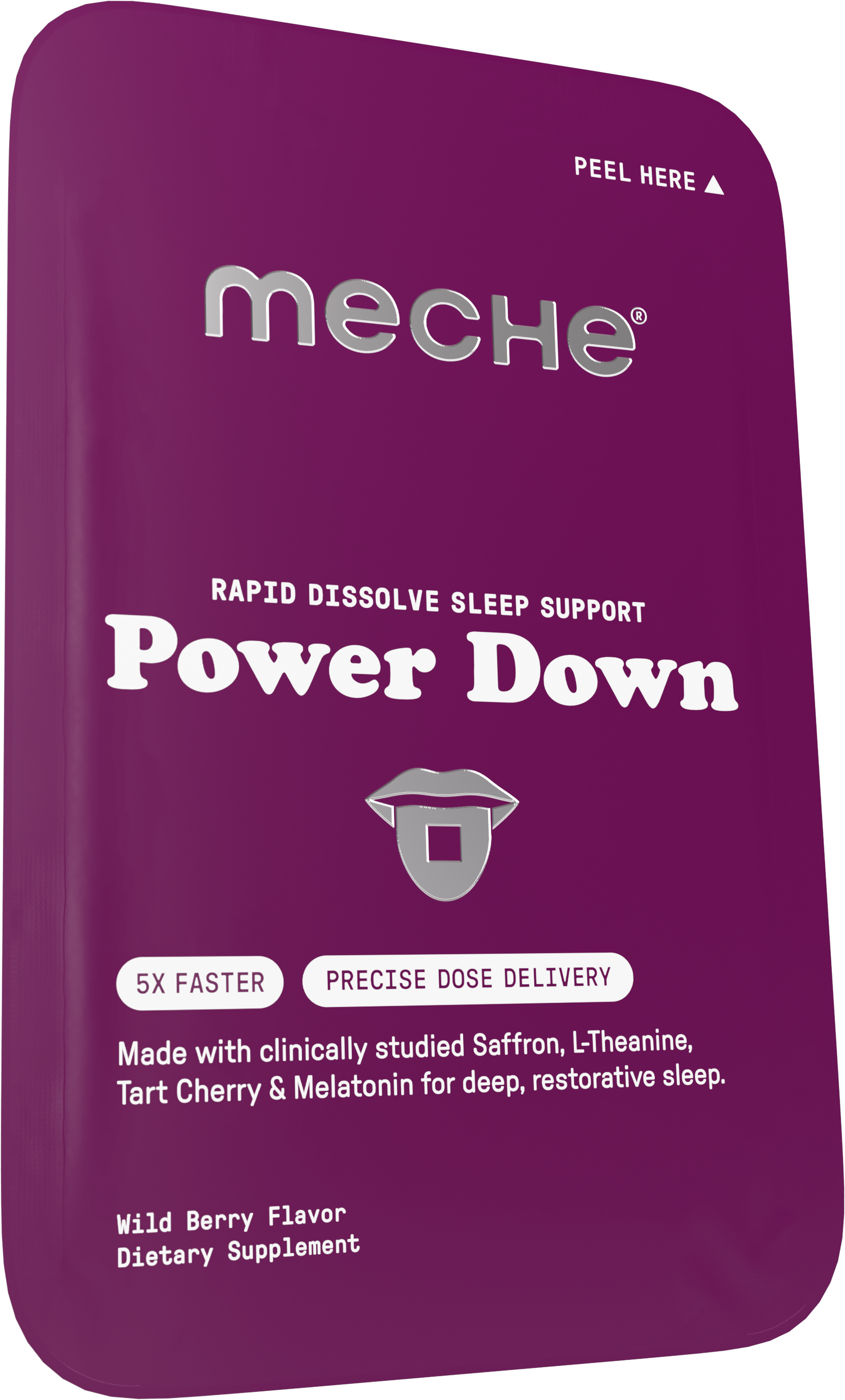 A purple packet of mèchè Power Down, a rapid dissolve sleep support dietary supplement in wild berry flavor.