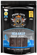 Package of Prime Cuts Peppered Sea Salt Beef Jerky.