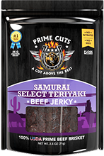 Package of Samurai Select Teriyaki Beef Jerky with a purple and black design.