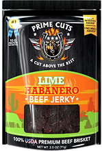 Package of lime habanero beef jerky with colorful branding and text.