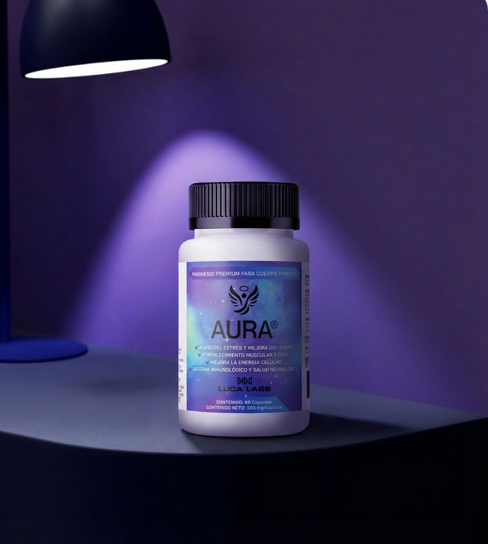 A white bottle of Aura supplements sits on a dark surface next to a lamp against a purple background.