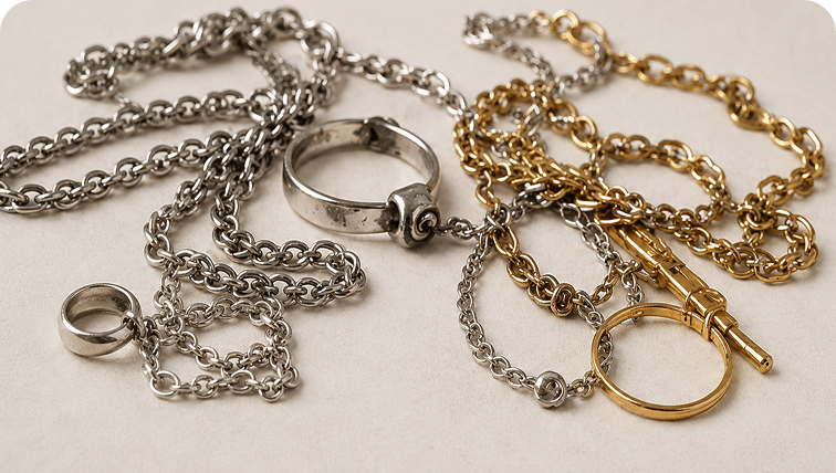 A close-up of tangled gold and silver colored chains and rings on a light surface.