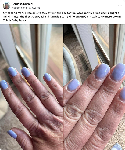 Two photos of hands with light blue nail polish.
