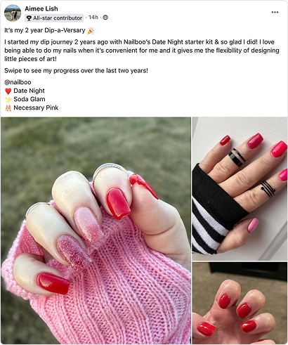 Collage of hands with red and pink nail designs.