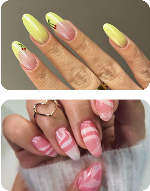 Two sets of manicured nails with colorful designs.