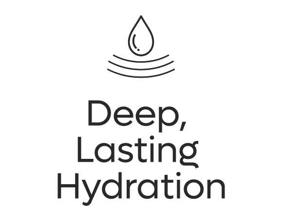 An icon of a water drop above the words 'Deep, Lasting Hydration'.